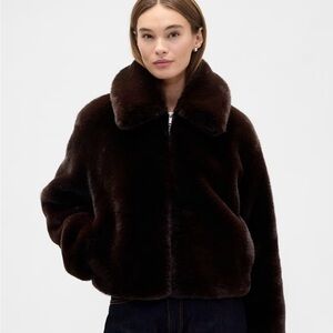 Gap Dark Brown faux Fur Coat- zip up bomber style